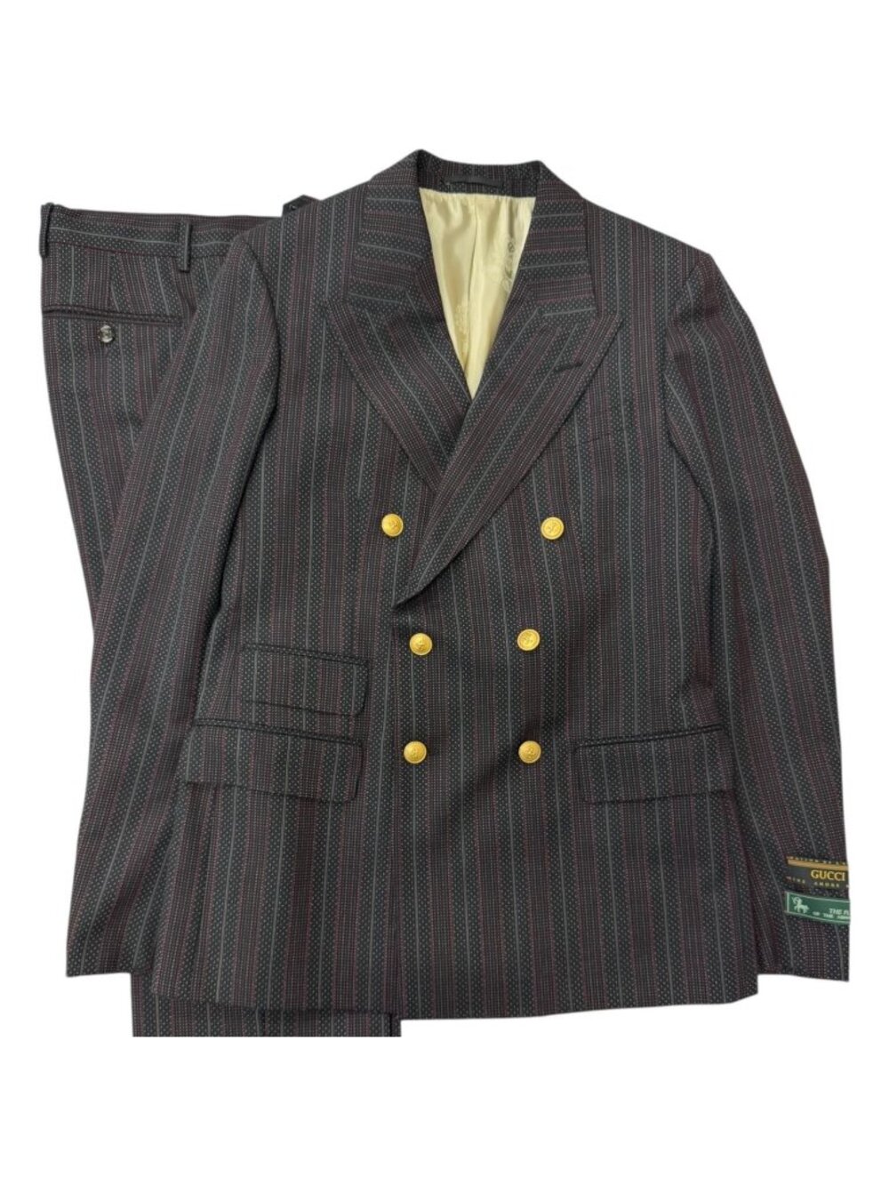 Gucci Wool Striped Pattern Gold Button Double Breasted Suit Set Black 48